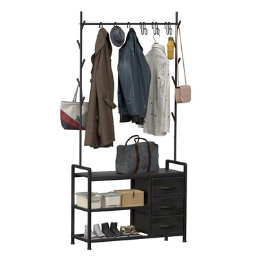 HOMEKOKO Coat Rack Tree Shoe Bench Hall Tree for Entryway with Drawer Cubby Storage Bench Wood Look Accent Furniture with Metal Frame 3in1 Design Black Wood Veins