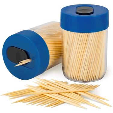 Urbanstrive Sturdy Safe Toothpick Holder with 800 Natural Wood Toothpicks for Teeth Cleaning Unique Home Design Decoration 2 Pack Blue