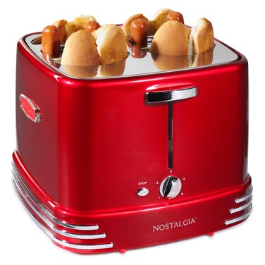 Nostalgia 4 Slot Bun Mini Tongs Hot Dog Toaster Works with Chicken Turkey Veggie Links Sausages and Brats Retro Red Aluminum