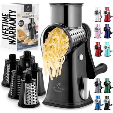 Zulay Kitchen Cheese Grater Hand Crank  Grater For Kitchen With Reinforced Suction  Rotary Cheese Grater With 5 Replaceable Stainless Steel Blades  Easy to Use  Clean  Vegetable Cutter  Black