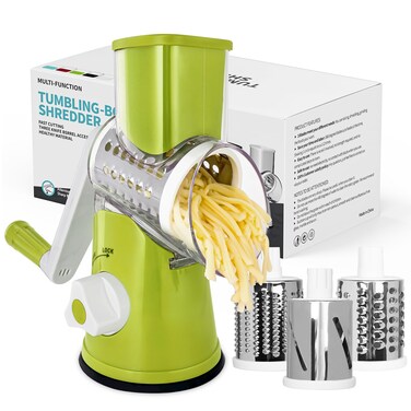 X Home Rotary Cheese Grater Handheld Vegetables Slicer Cheese Shredder with Rubber Suction Base 3 Stainless Drum Blades Included Green