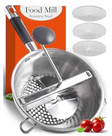 Food Mill Stainless Steel with 3 Discs  Best Rotary Food Mills for Tomato Sauce Potatoes Baby Food or Canning  Soft Silicone Handle and Dishwasher Safe  Includes 21 Digital Recipes with Videos