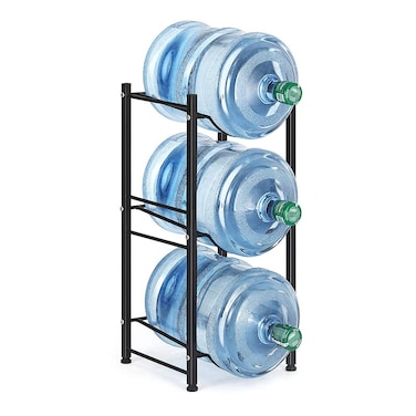 Water Jug Holder Rack Detachable Stainless Steel 3Tier Water Storage Chrome Shelves Organizer for 5 Gallon Water Bottle Dispenser Stand Heavy Duty Stackable for Office Kitchen Lobby Foyer Black