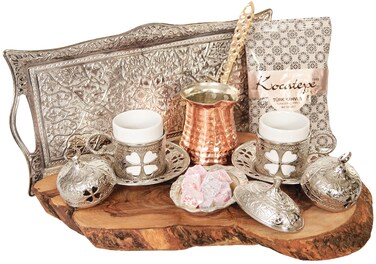 Gneric Turkish Luxury Ottoman Coffee  Espresso Set of 2 with Copper Coffee Pot and Kocatepe Turkish Coffee Traditional Stylish Design 13 Pieces Silver