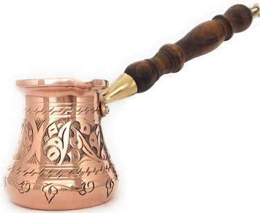 The Silk Road Trade  PC Series Small  Thickest Solid Copper Engraved and Hammered Turkish Greek Arabic Coffee Pot Wooden Handle Heavy Duty Stovetop Coffee Maker Jazzve Cezve Ibrik 6 fl oz