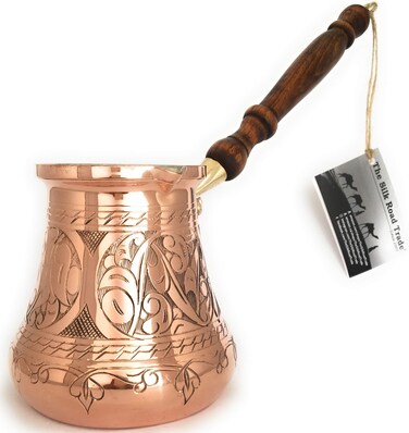 The Silk Road Trade  PC Series XXLarge  Thickest Solid Copper Engraved and Hammered Turkish Greek Arabic Coffee Pot Wooden Handle Heavy Duty Stovetop Coffee Maker Jazzve Cezve Ibrik 28 fl oz