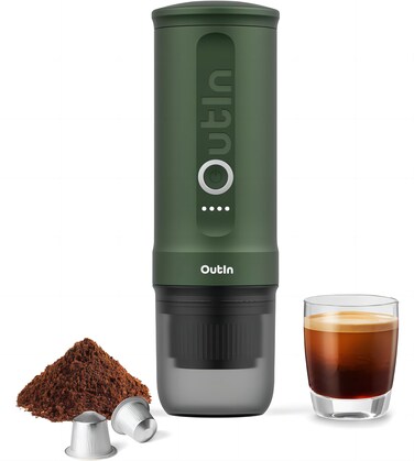 Outin Nano Portable Electric Espresso Machine with 34 Min SelfHeating 20 Bar Mini Small 12V 24V Car Coffee Maker Compatible with NS Capsule  Ground Coffee Teal OTEM01