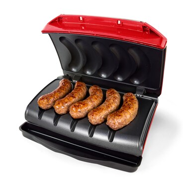 Nostalgia Game Day Sausage and Brat 5 Link Electric Grill with Oil Drip Tray Carry Handle and Cord Storage Cooks Beef Turkey Chicken Veggie Sausages or Hot Dogs