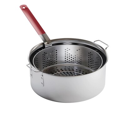 GASONE Gas One Aluminum Cooking Pot Deep Fryer with Basket  10QT Aluminum Fry Pot with Easy Grip Handle  Durable Food Grade Outdoor Fryer with Perforated Strainer Basket  Ideal for Seafood Chicken