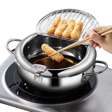 DIY HOME Deep Fryer Pot  Japanese Tempura Small Deep Fryer Stainless Steel Frying Pot With ThermometerLid And Oil Drip Drainer Rack for French Fries Shrimp Chicken Wings and Shrimp 24cm94inch