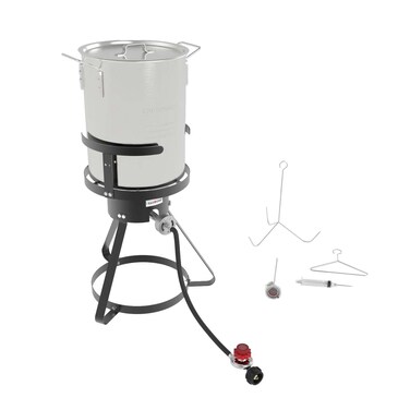GasOne B5155NB Turkey Fryer Pot and Burner  30 Quart Pot Deep Fryers Outdoor Burner  Cast Iron Burner Head 7Piece Set Outdoor Deep Fryer with Thermometer Marinade Injector