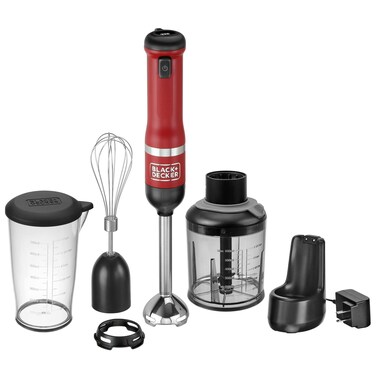 Black  Decker Kitchen Wand Immersion Blender Cordless 3 in 1 Set Includes Charging Dock Whisk Attachment and Measuring Cup Red BCKM1013K06