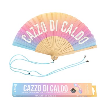 FISURA Original hand fan with message Czzo di caldo Modern and fun wooden fan Gradient colour fan Fan with hanger Glow in the dark Dimensions 425 x 23 cm