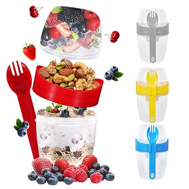 EmoAunty EPDPLAY 4 Pack 22 oz Breakfast On the Go Cups Take and Go Yogurt Cup with Topping Cereal Cup with spoon and fork Overnight Oats or Oatmeal Container Jar Colorful