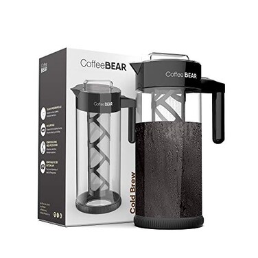 COFFEE BEAR Cold Brew Maker  1300ml 44oz Premium Glass Pitcher with Removable Mesh Filter and NoSlip Base  Recipe EBook