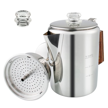 APOXCON Coffee Percolator Camping Coffee Pot 9 Cups Stainless Steel Coffee Maker with Clear Top Glass Knob Percolator Coffee Pot for Campfire or Stovetop Coffee Making Outdoor Traveling Fast Brew