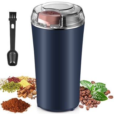 Finphoon Coffee Grinder Electric Spice Grinder Coffee Bean Herb Grinder with Integrated Brush Spoon Onetouch PushButton Stainless Steel Grinding for Herb Peanut Grains BeansBlue