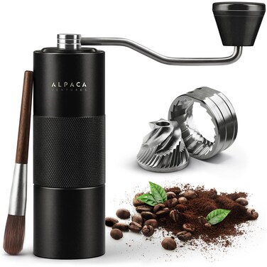 ALPACA VENTURES Premium Manual Coffee Grinder Black  Adjustable Grind Settings French Turkish Press Drip Espresso with Stainless Steel Conical Burrs Double Bearing Home Camping Coffee Brew Gift
