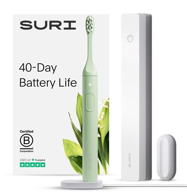 SURI Sustainable Sonic Toothbrush  Slim and Powerful Electric Toothbrush Recyclable PlantBased Head 2 Modes Including UV LED Cleaning Case MirrorMount and Charging Stand  Winter Fern