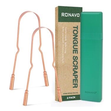 RONAVO Copper Tongue Scraper for Adults 2 Pack 100 Pure Copper Naturally AntiMicrobial Banishes Bad Breath and Maintains Oral Hygiene Tongue Cleaner with Travel Case Easy to Use and Clean