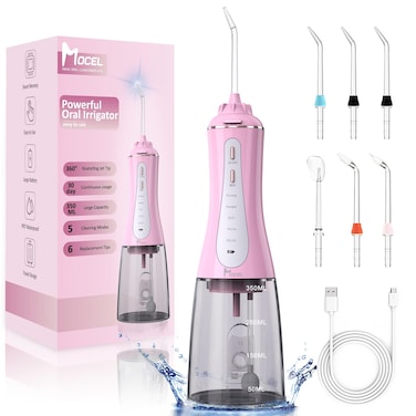 Mocel Water Dental Flosser Cordless Teeth Cleaning 5 Modes Oral Irrigator Portable and USB C Cable Rechargeable IPX7 Waterproof Flossing Teeth Pick Irrigation Cleaner for Home Travel Pink