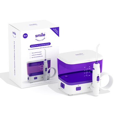 SmileDirectClub Space Saver Countertop Water Flosser  Large Capacity Water Reservoir 120 Seconds of Flossing Time Cordless Rechargeable Oral Irrigator with 5 Modes Travel Case and 2 Flosser Tips