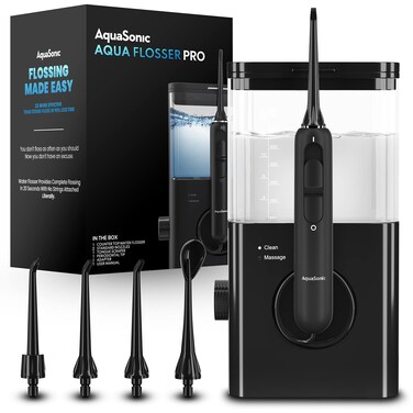AquaSonic Aqua Flosser PRO  Professional Water Flosser with Large Capacity Reservoir  Oral Irrigator w 2 Modes 10 Levels of Water Pressure 4 Included Tips  Sleek  Compact  Dentist Recommended