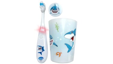 Lilys Home Shark  Kids Toothbrush with Flashing Timer with a Cup and Toothbrush Cover Encourage Children to Brush Their Teeth Shark