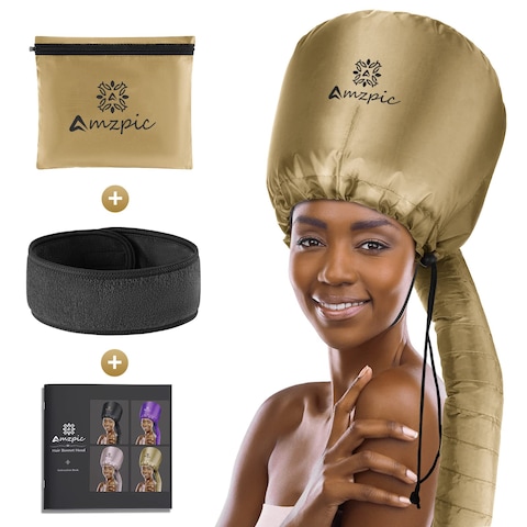 Amzpic Bonnet Hood Hair Dryer Attachment  Soft Adjustable Extra Large Bonnet Hair Dryer for Speeds Up Drying Time at Home Easy to Use for Styling Curling and Deep Conditioning Gold