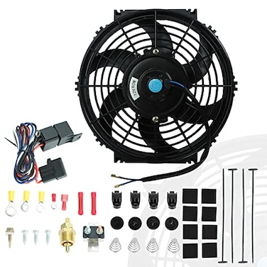 BLACKHORSERACING 10 Universal Slim Fan Push Pull Electric Radiator 12V 80W High Performance Cooling Fan with Thermostat Wiring Switch Relay Mount Kit Black