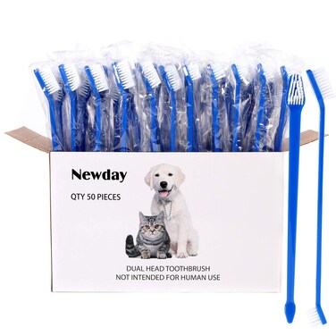 Newday 50 Pieces DoubleHeaded Dog Cat Pet Toothbrush Super Soft Bristles Oral Care Teeth pet Tooth Brush for Dogs Dog toothbrushes in Bulk Individual polybag Blue