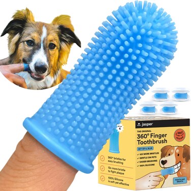 Jasper Dog Toothbrush 360 Dog Tooth Brushing Kit Cat Toothbrush Dog Teeth Cleaning Dog Finger Toothbrush Dog Tooth Brush for Small  Large Pets Dog Toothpaste Not Included 4Pack Blue