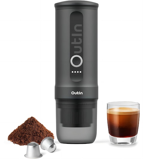Outin Nano Portable Electric Espresso Machine with 34 Min SelfHeating 20 Bar Mini Small 12V 24V Car Coffee Maker Compatible with NS Capsule  Ground Coffee Space Grey