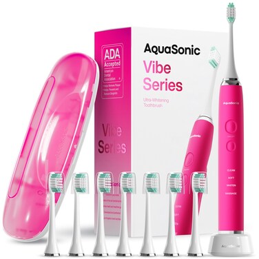 Aquasonic Vibe Series UltraWhitening Toothbrush  ADA Accepted Electric Toothbrush  8 Brush Heads  Travel Case  40000 VPM Motor  Wireless Charging  4 Modes w Smart Timer  Electric Pink