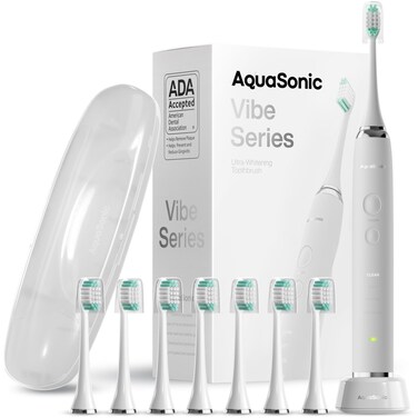 Aquasonic Vibe Series UltraWhitening Toothbrush  ADA Accepted Electric Toothbrush  8 Brush Heads  Travel Case  40000 VPM Motor  Wireless Charging  4 Modes w Smart Timer  Optic White