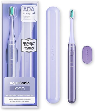 Aquasonic Icon ADAAccepted Rechargeable Toothbrush  Magnetic Holder  Slim Travel Case  2 Brushing Modes  Smart Timers  Gentle MicroVibrations Lilac