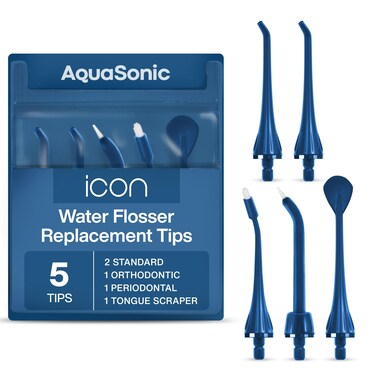 AquaSonic Icon Water Flosser Replacement Tips  5 Tips 4 Tip Types Standard Periodontal Orthodontic  Tongue Scraper  Genuine Authentic Parts Navy