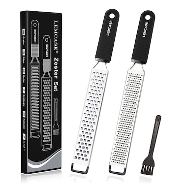 LEMCASE Lemon Zester and Cheese Grater  Citrus Parmesan Chocolate Nutmeg Garlic Ginger  Silicone Handle and Stainless Steel Blades with Protective Cover  Black 2 Piece Set