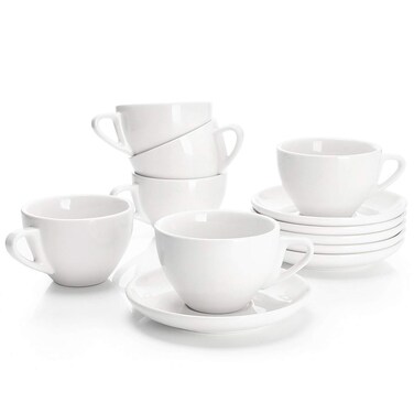 Sweese 4306 Porcelain Cappuccino Cups with Saucers  6 Ounce for Specialty Coffee Drinks Latte Cafe Mocha and Tea  Set of 6 White