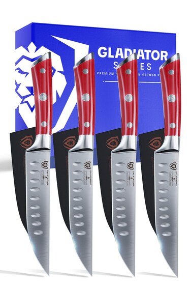 DALSTRONG Steak Knives  Set of 45 Straight Blade Edge  Gladiator Series  Forged German HighCarbon Steel  wSheaths  Crimson Red ABS Handle  NSF Certified