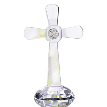 QFkris Crystal Cross Traditional Standing Cross On Base 7 Tall Clear Glass Tabletop Cross Figurine Christian Decor