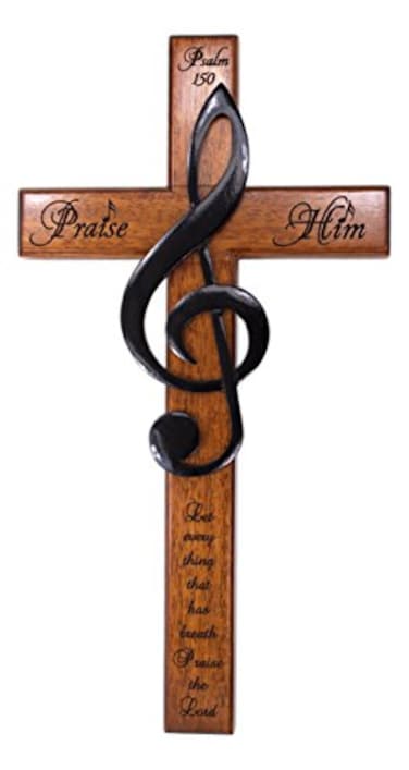 HJ Sherman Praise Him 12 Carved Wooden Solid Mahogany Wall Cross with Treble Clef and Scripture From Psalm 150