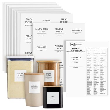 Talented Kitchen 144 Pantry Labels for Containers Food Storage  Preprinted Black AllCaps on Matte White Vinyl Stickers for Minimalist Style Kitchen Water Resistant