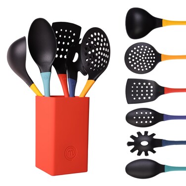 MasterChef Kitchen Utensils Set with Holder Nylon Cooking Utensils Set of 6 Non Toxic  Non Scratch Tools for Non Stick Cookware incl Cooking Spoons  Spatulas Heat Resistant Color Collection