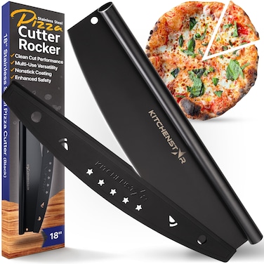 KitchenStar 18 Black NonStick Pizza Cutter by  Sharp Stainless Steel Slicer Knife  Rocker Style w Blade Cover  Chop and Slices Perfect Portions  Dishwasher Safe  Premium Pizza Oven Accessories