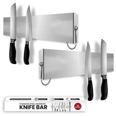 Homefer Stainless Magnetic Knife Rack for Wall Pack 2 16 Inches Multifunctional Knife Magnetic Strip Fridge for Organizing Kitchen Utensils Glue 3 Hooks  Foam Adhesive Strip Included