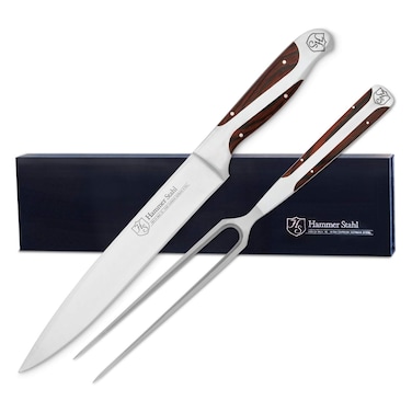 Hammer Stahl Carving Knife and Fork Set X50CrMoV15 Forged German Steel with QuadTang Pakkawood Handle