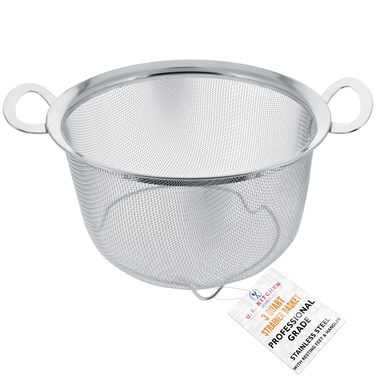US Kitchen Supply 3 Quart Stainless Steel Mesh Net Strainer Basket with a Wide Rim Resting Feet and Handles  Colander to Strain Rinse Fry Steam or Cook Vegetables  Pasta