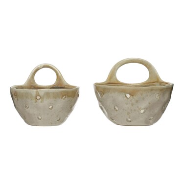 Creative CoOp Stoneware Colanders with Handles Set of 2 8 L x 7 W x 5 H Beige