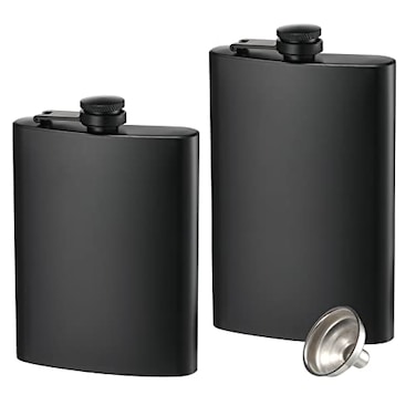 KABUDA 2 Pack Hip Flasks for Liquor 8 Oz  12 Oz Stainless Steel Leakproof Thin Flasks with Funnel for Men  Women Matte Black